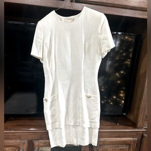 Vintage Ann Taylor Ivory Cream Linen Look Back Button Shift Dress Size 10